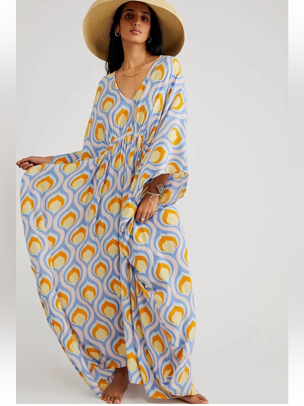 Free People Groovy Baby Maxi Kaftan Blue Yellow Geometric Print